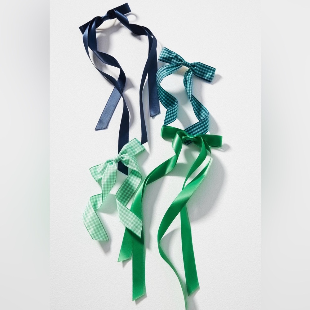 Anthropologie Positano Gingham Hair Bows Ribbon Set of 4 Blue and Green Checks